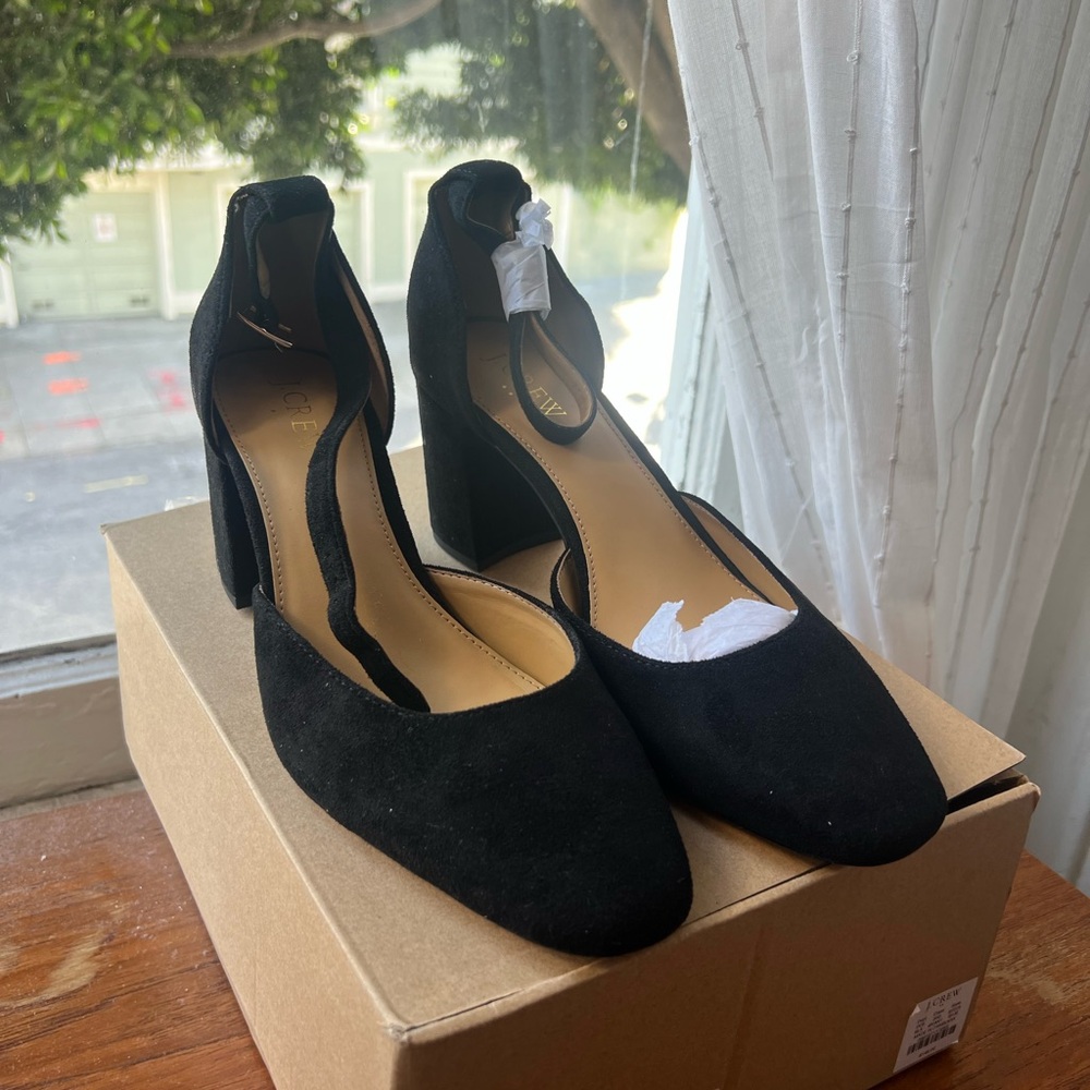 J Crew Black Suede Ankle Strap Heels